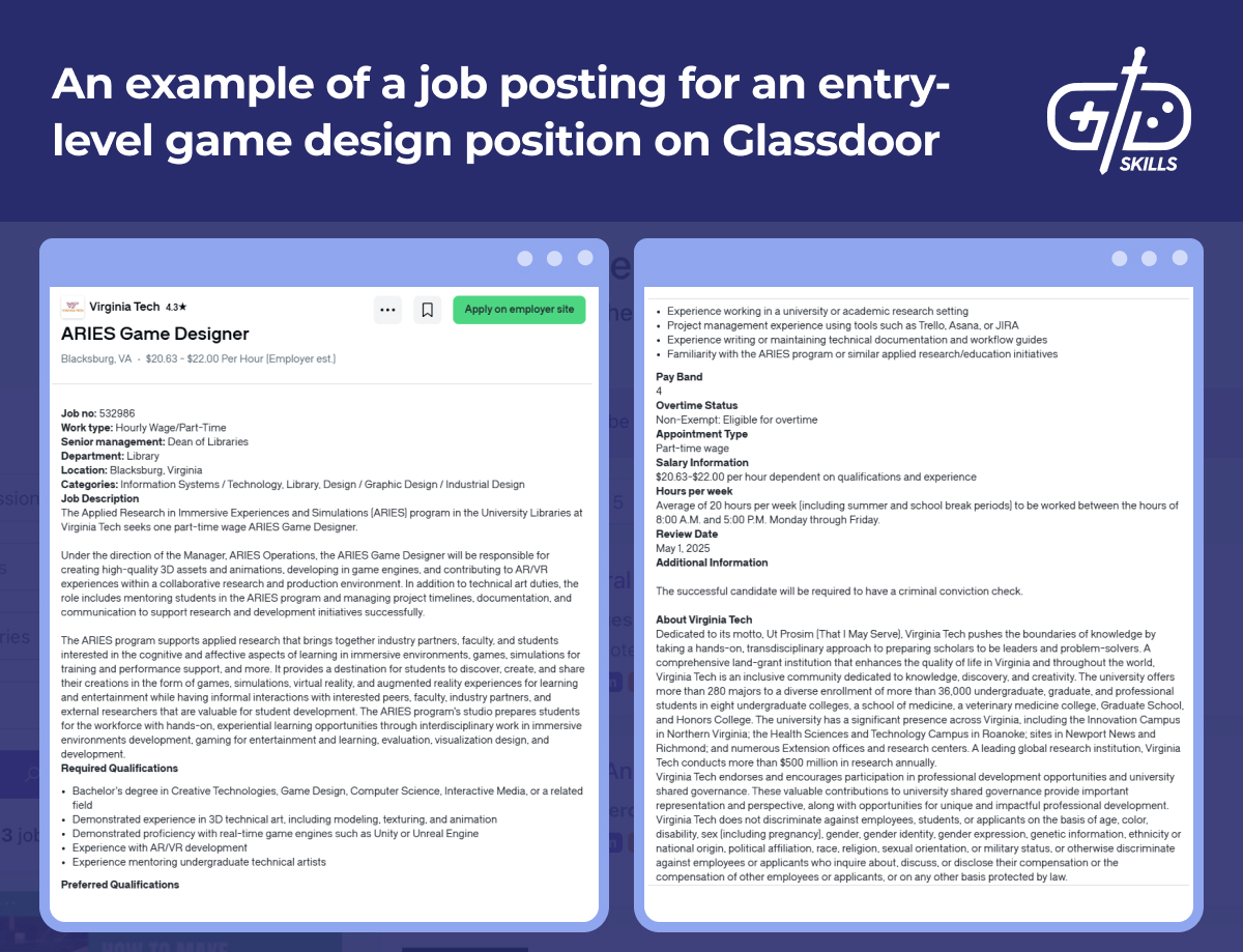 Entry-level game designer job post on Glassdoor