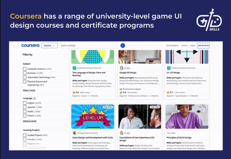 Coursera's game UI design course options