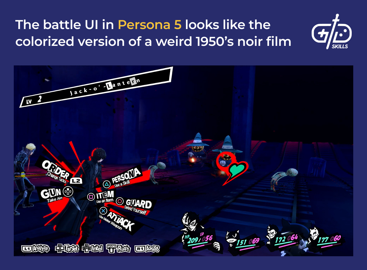 Persona 5's stylized noir battle UI