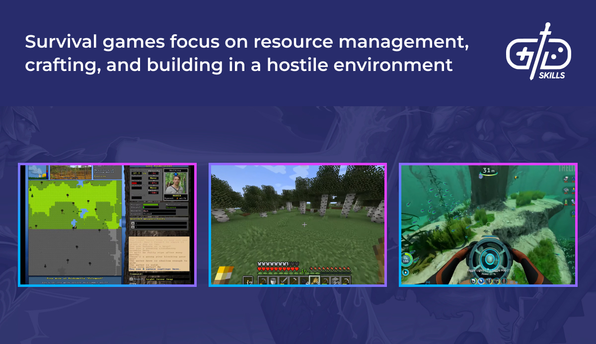 Survival games focus on resource management, crafting, and building in a hostile environment