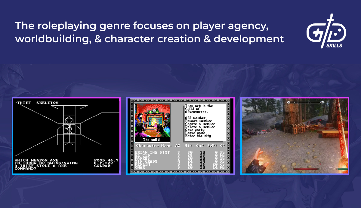 Roleplaying games focus on player agency, worldbuilding, and character development