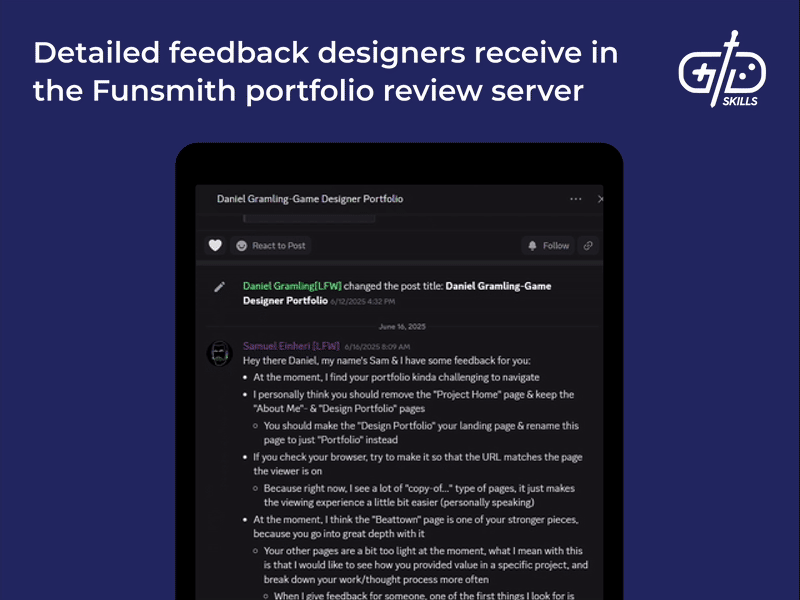 Funsmith Discord server feedback for game designers