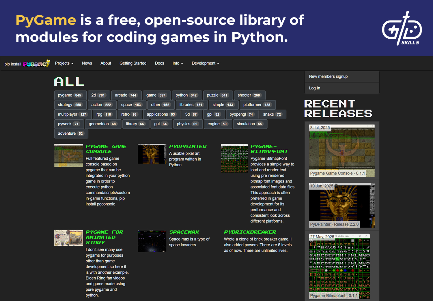PyGame is a free, open-source library for coding games in Python