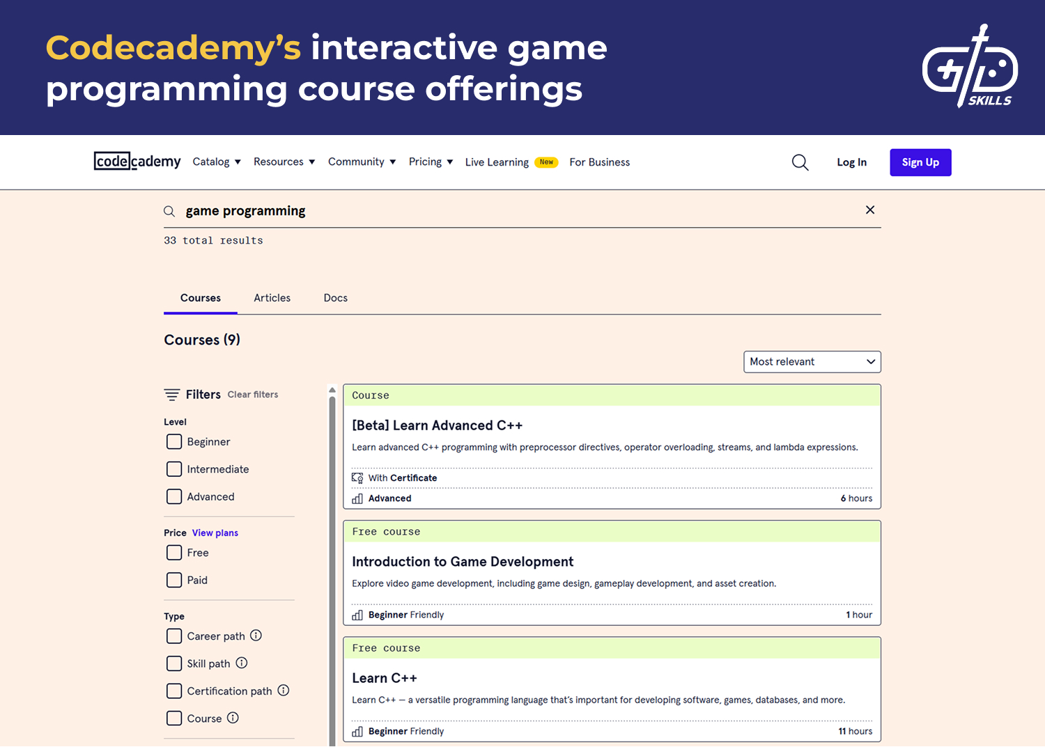Codecademy interactive game programming courses