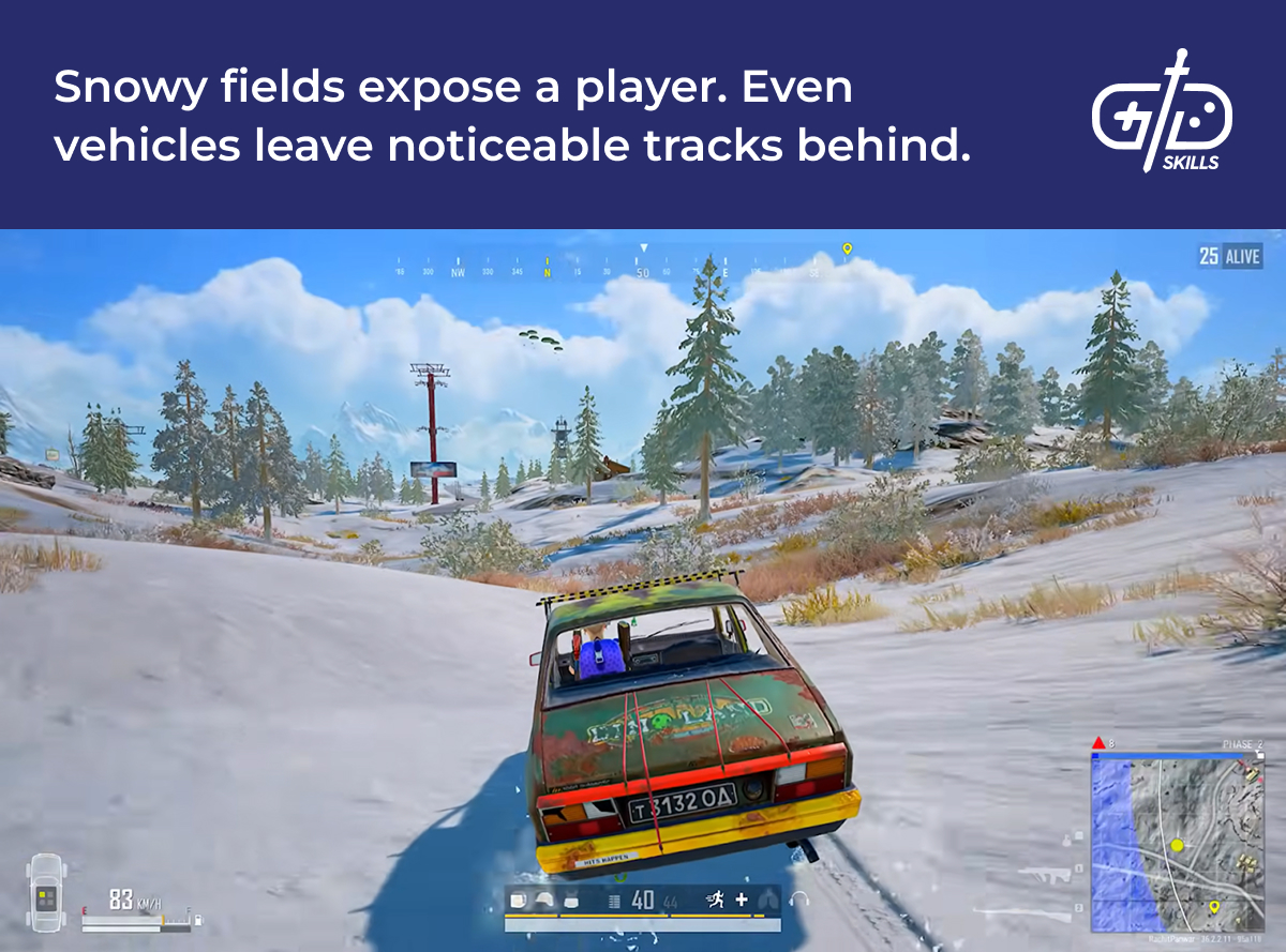 Snowy fields show trails and offer little cover