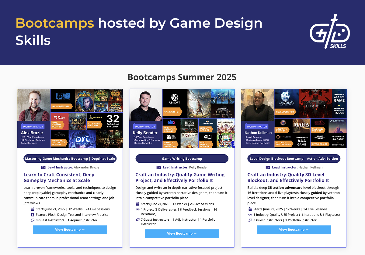 Bootcamps hosted by Game Design Skills
