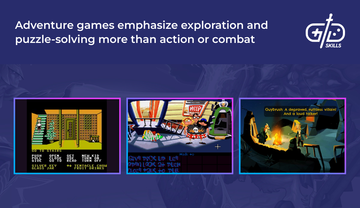 Adventure games emphasize exploration and puzzle-solving