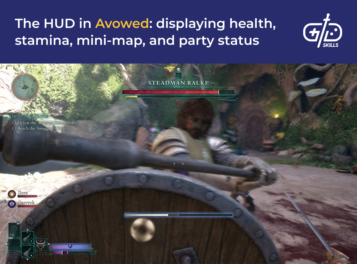 Avowed HUD showing health, stamina, minimap, and party status