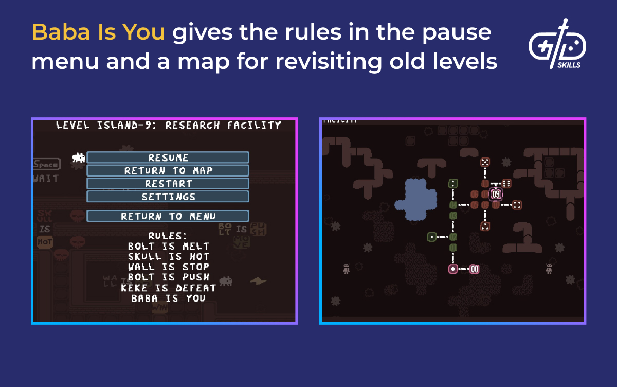 Baba Is You's pause menu has a map and the game rules