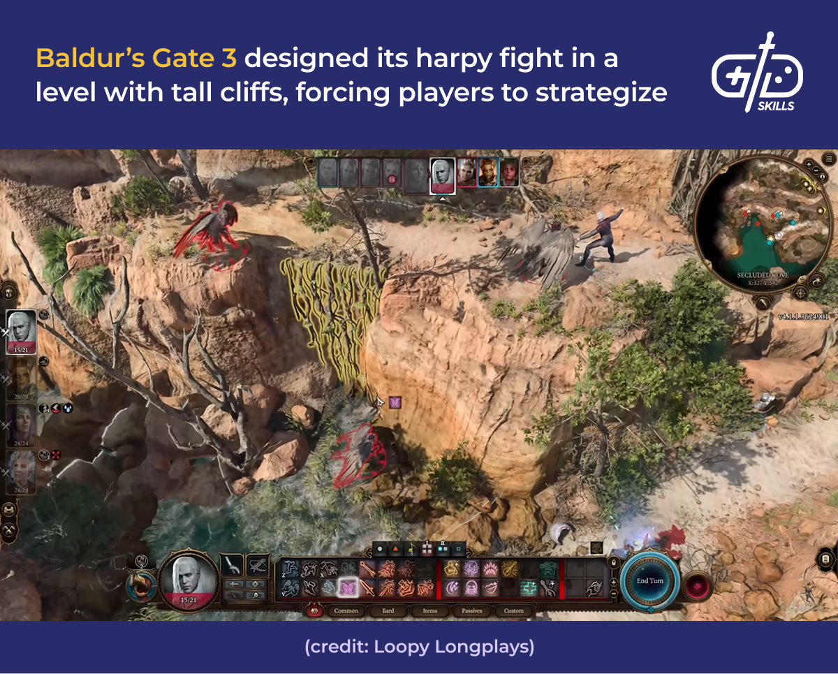 Baldur's Gate 3 harpy fight by tall cliffs
