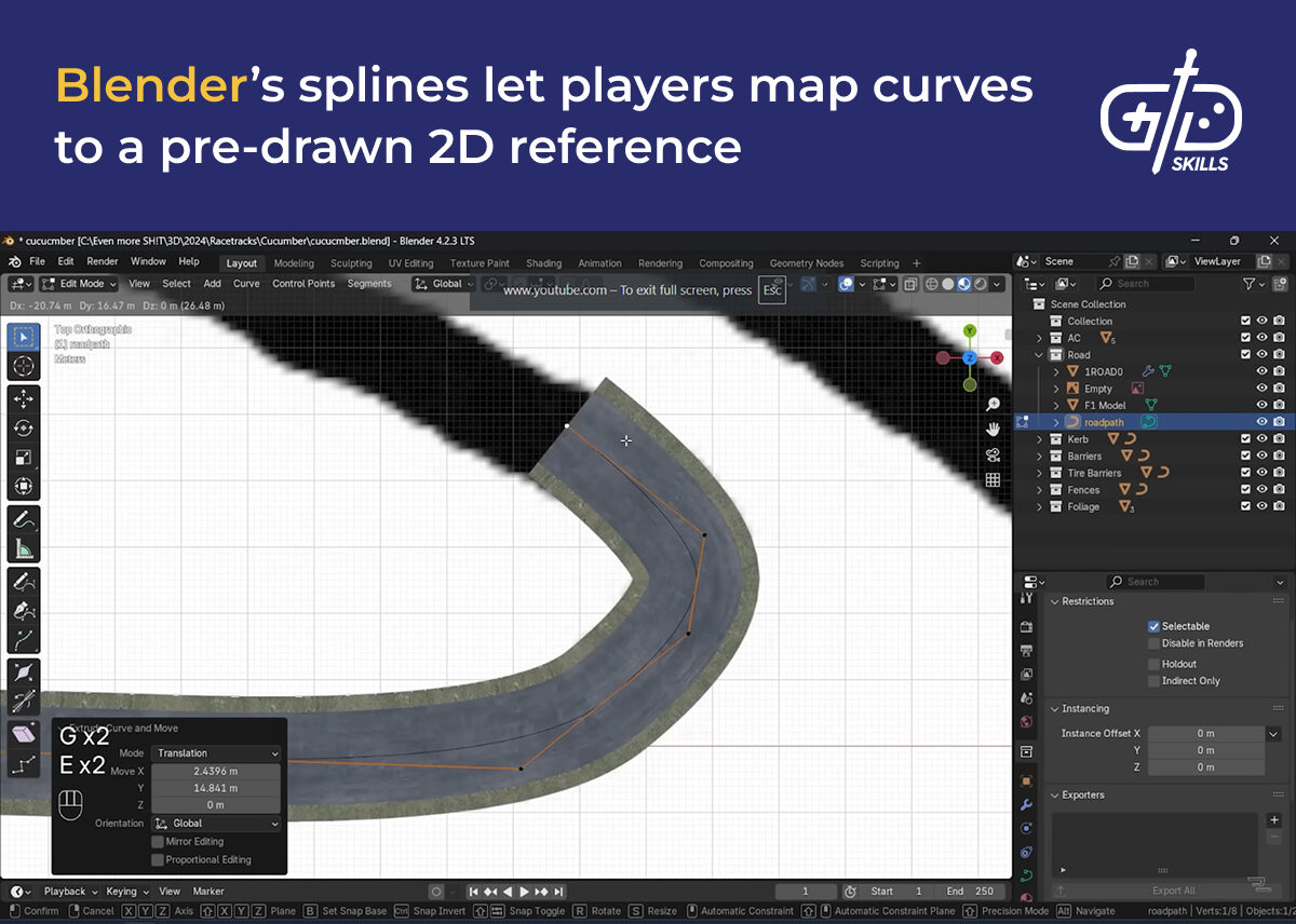 Blender's splines let players map curves to a pre-drawn 2D reference