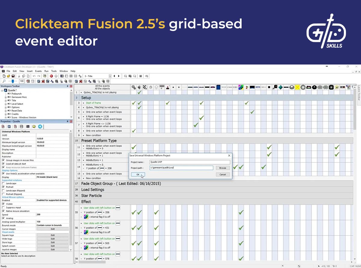 Clickteam Fusion 2.5's grid-based event editor