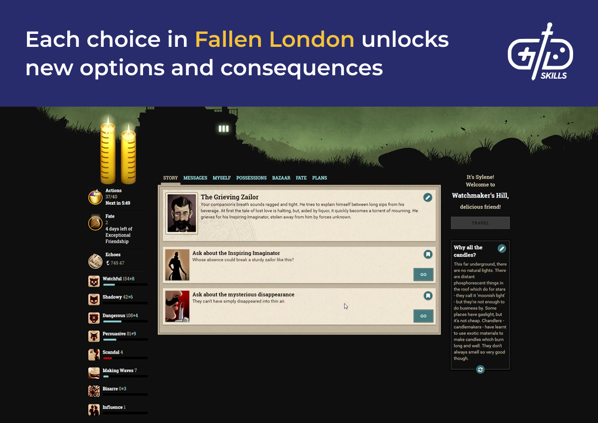 Each choice in Fallen London unlocks new options and consequences