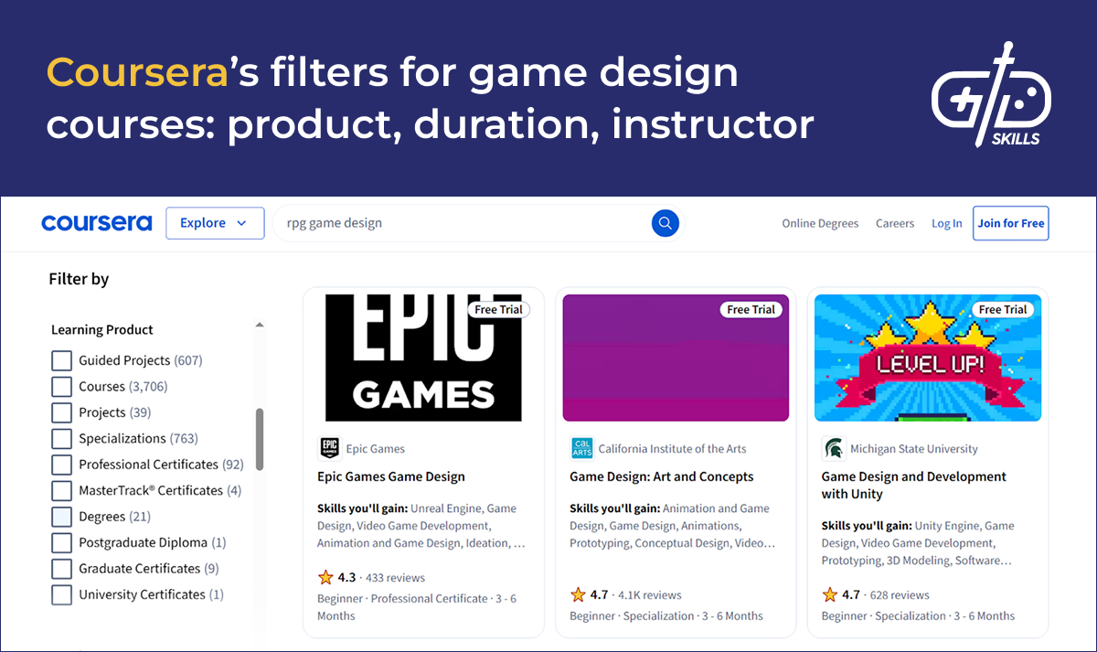 Game design course options on Coursera