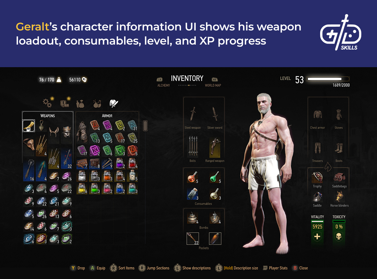 Geralt's character UI with weapon loadout, consumables, level, and XP progress