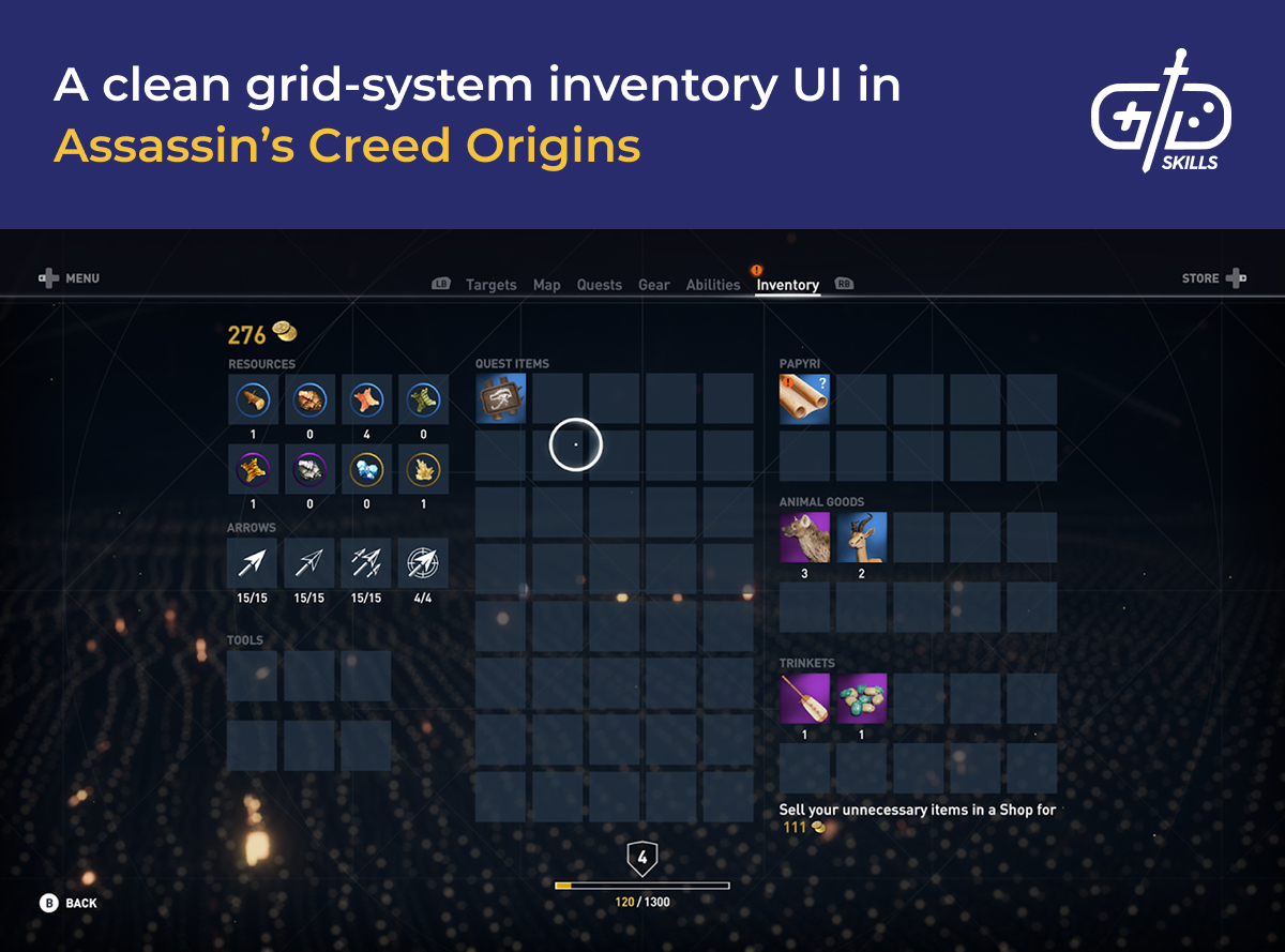 Gridded inventory UI in Assassin's Creed Origins