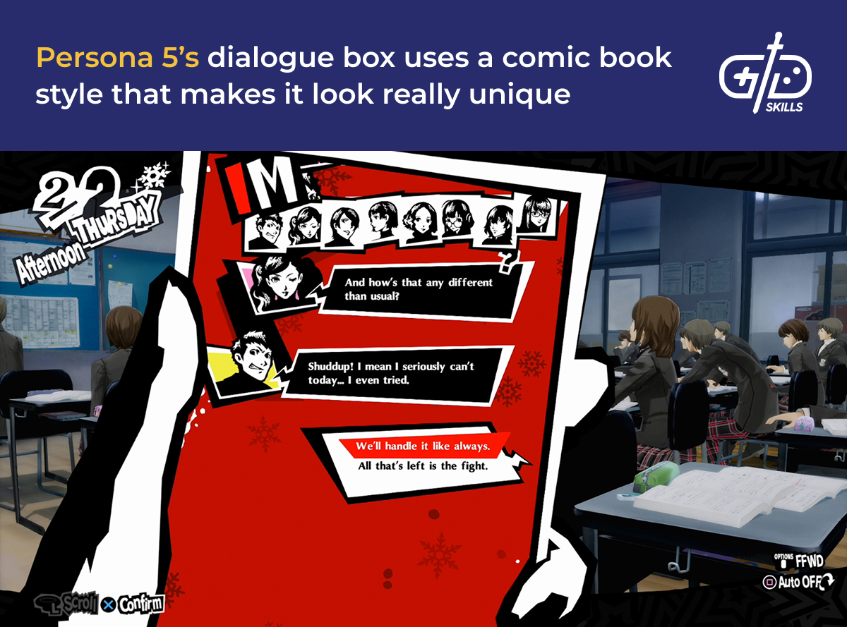 Persona 5 dialogue, stylized like a comic book