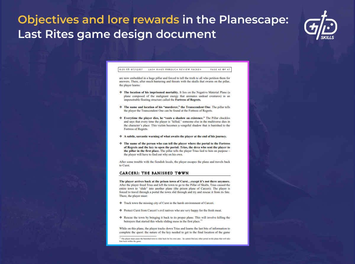 Planescape: Last Rites GDD objectives and lore rewards