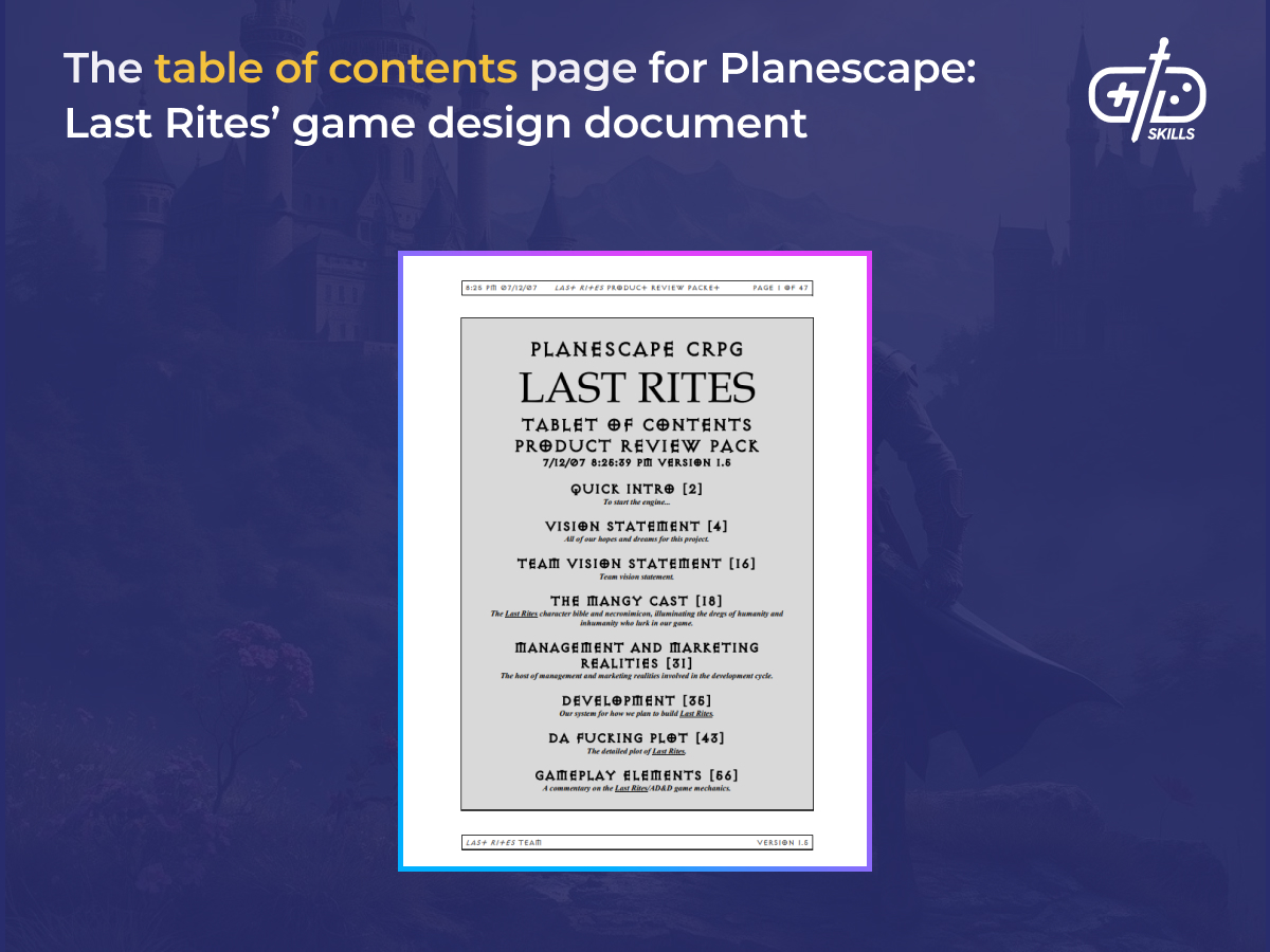 Planescape Last Rites GDD table of contents