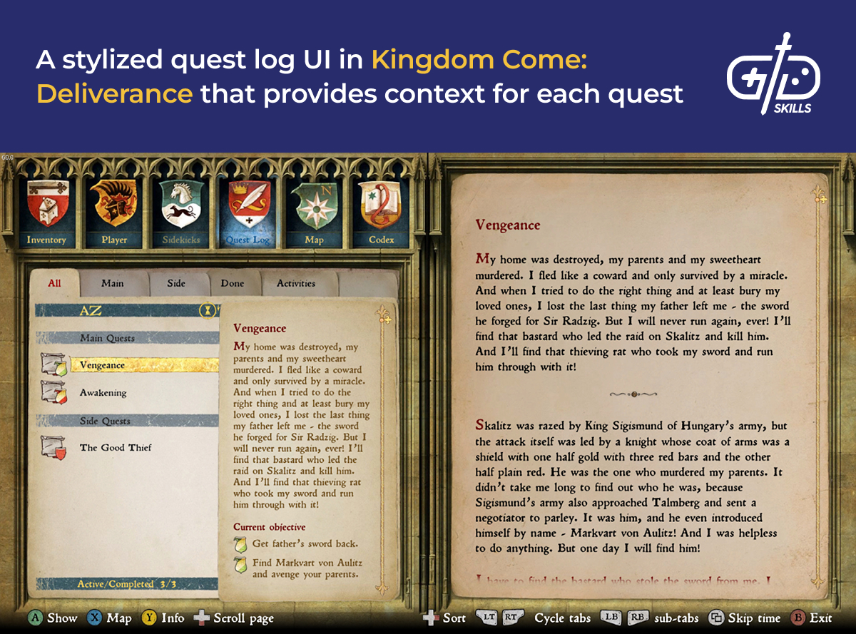 Quest log UI in Kingdom Come: Deliverance