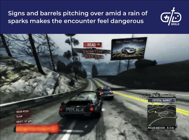 Sparks and destructible objects make racing encounters feel dangerous