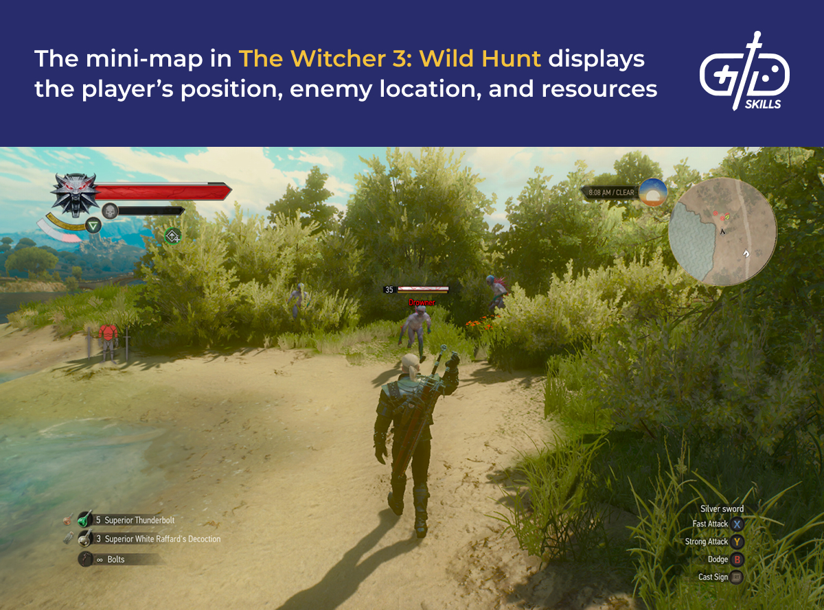 The Witcher 3's minimap shows the player's position, enemies, and resources