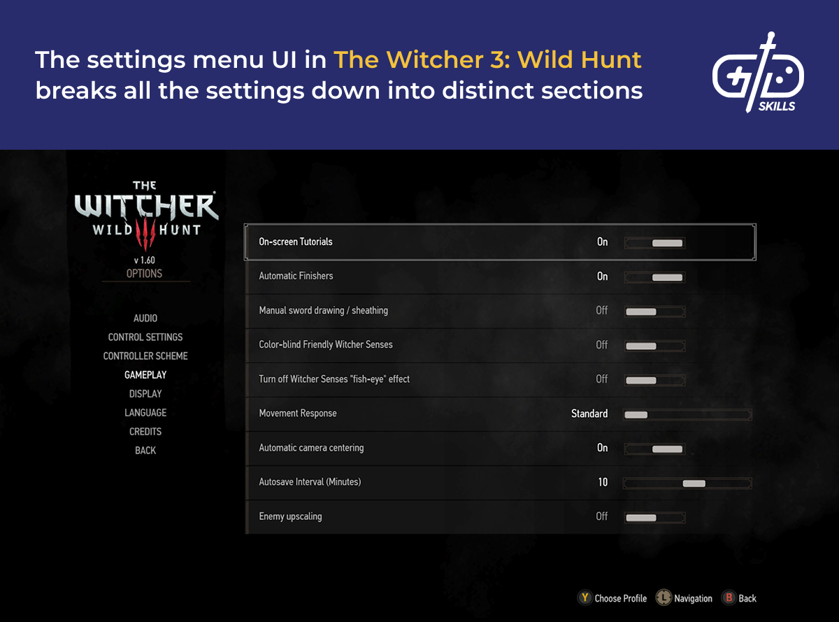 The Witcher 3's settings menu UI