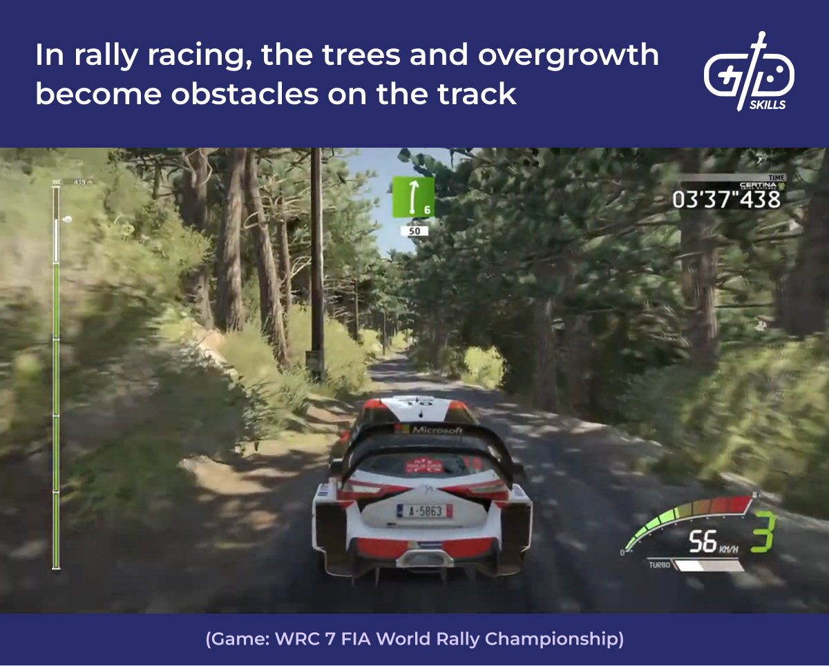 Trees and overgrowth are common obstacles in rally racing games