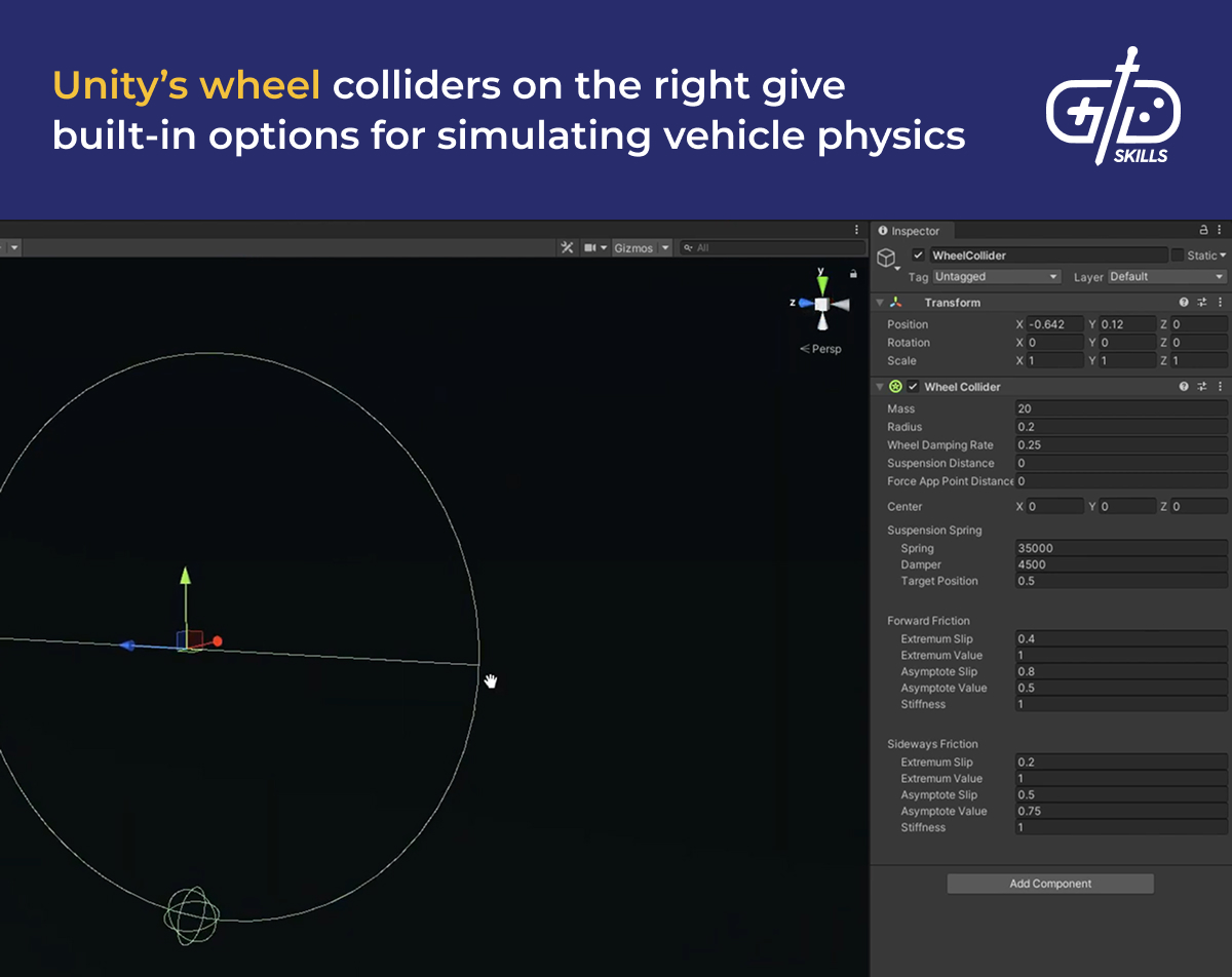 Unity's wheel colliders give built-in options for simulating vehicle physics