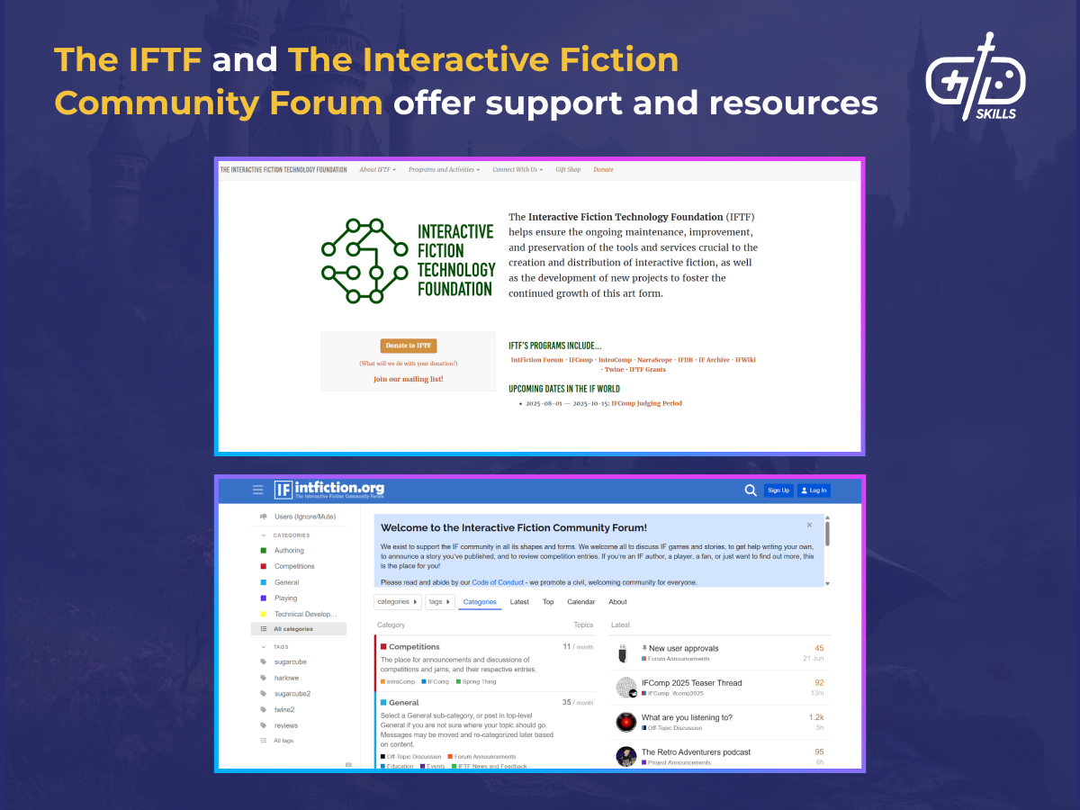 The IFTF and Interactive Fiction Community Forum offer support and resources