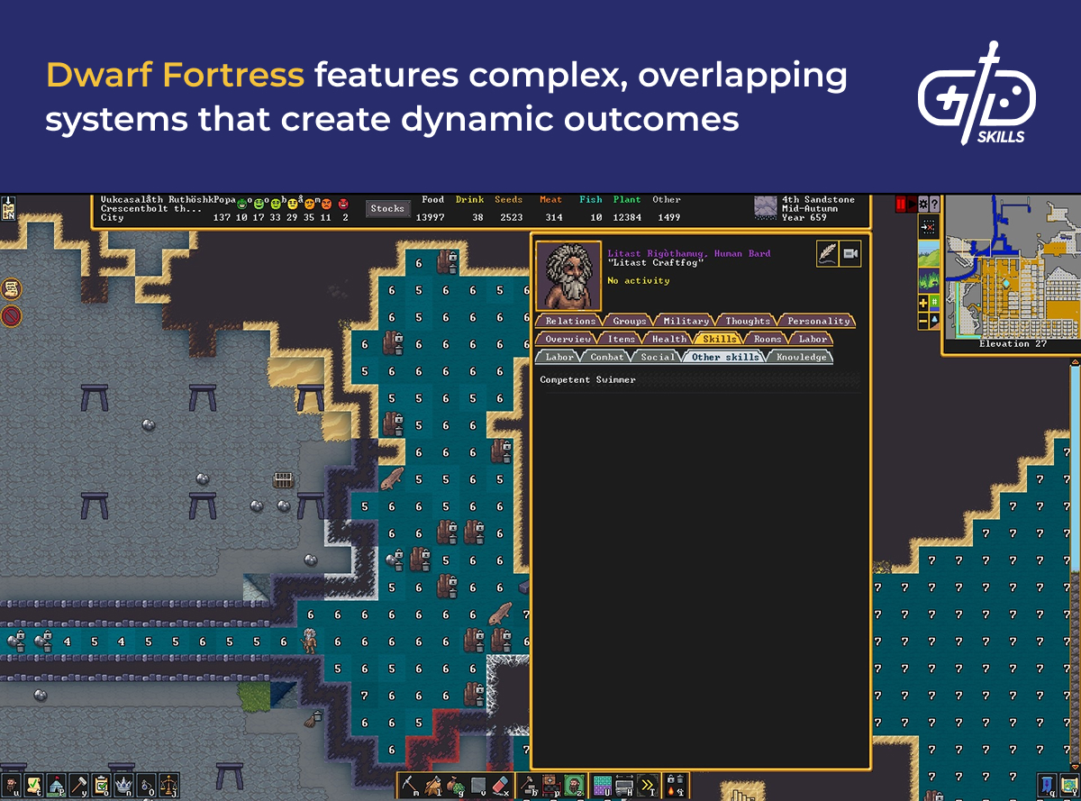Dwarf Fortress has complex, overlapping systems that create dynamic outcomes