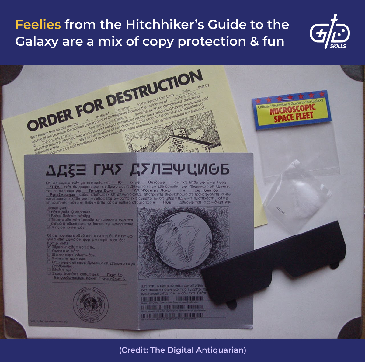 Physical items known as "feelies" included in the Hitchhiker's Guide to the Galaxy game box