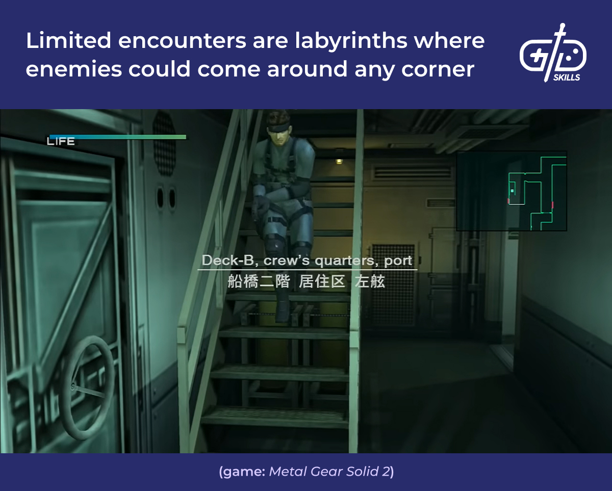 Limited encounters: labyrinths where enemies can pop out around any corner