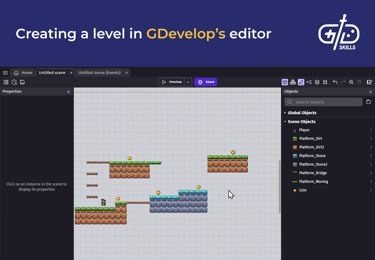Creating a level in GDevelop's editor