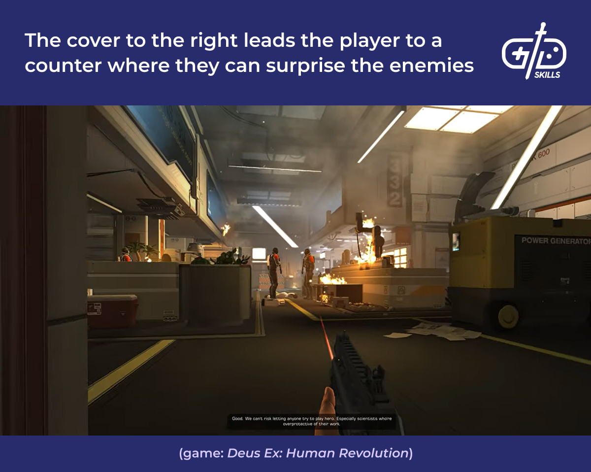 Cover leads to a surprise-attack hiding spot in Deus EX: Human Revolution