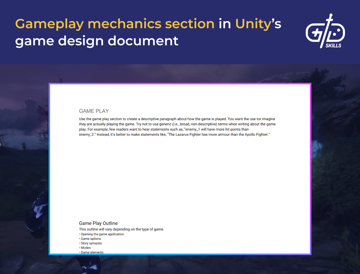 Unity GDD's gameplay mechanics section