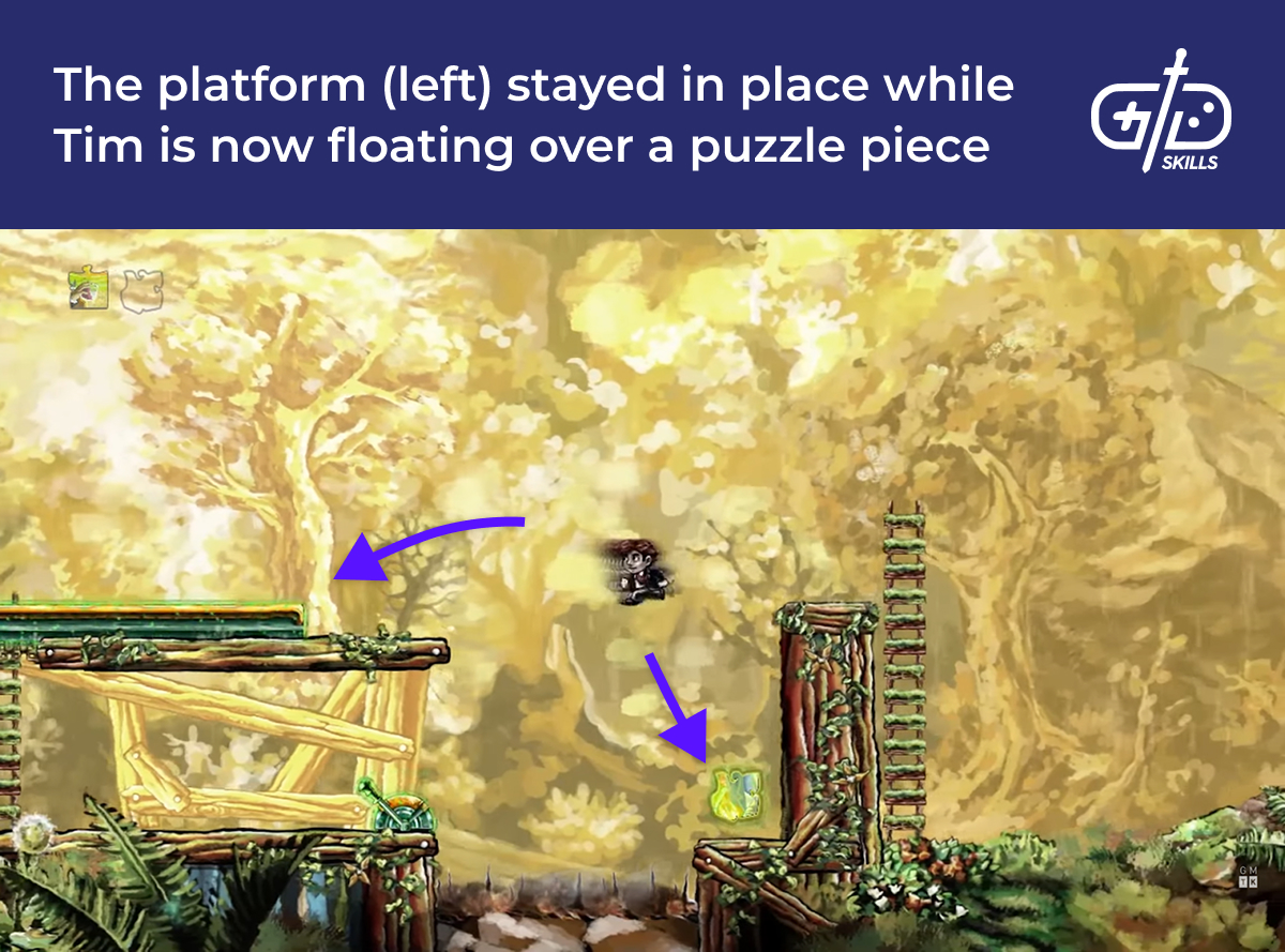 Freezing a platform in place, then floating over a puzzle piece in Braid