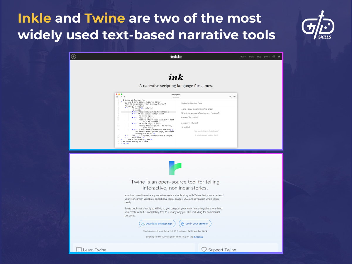 Inkle and Twine are among the most used text-based narrative tools