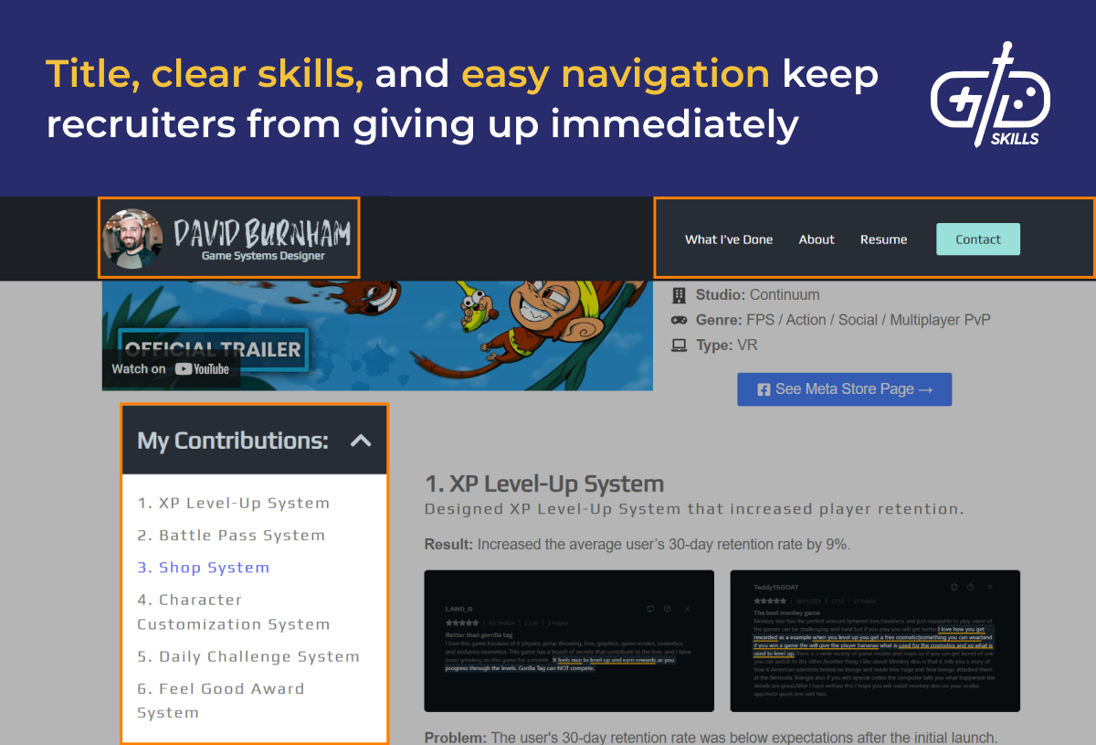 A good title, clear skills, and easy navigation grab recruiters' attention