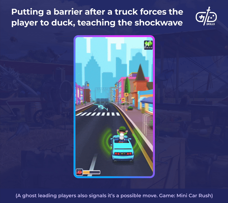 Barrier with downward arrows tells players to duck, teaching the shockwave effect