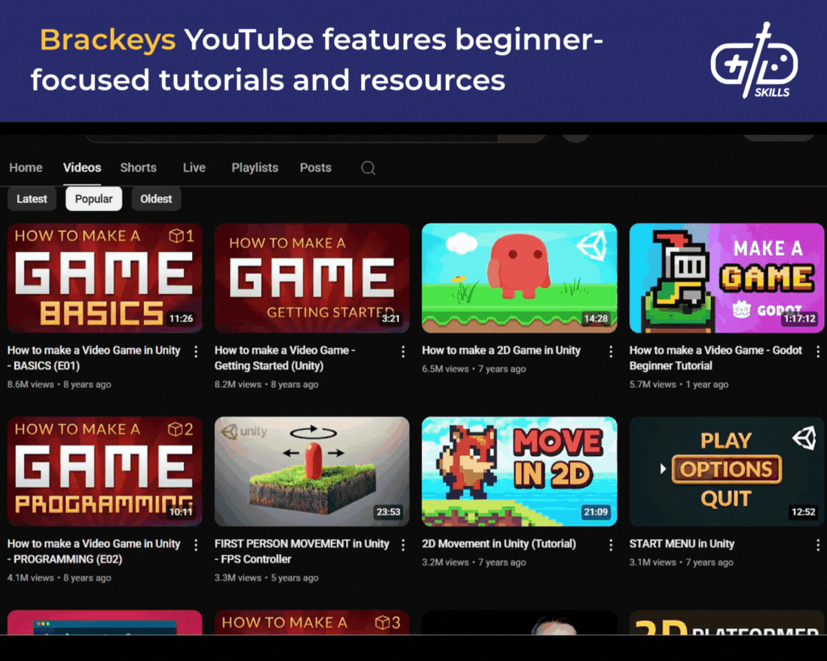Beginner-focused tutorials and resources on Brackeys YouTube channel