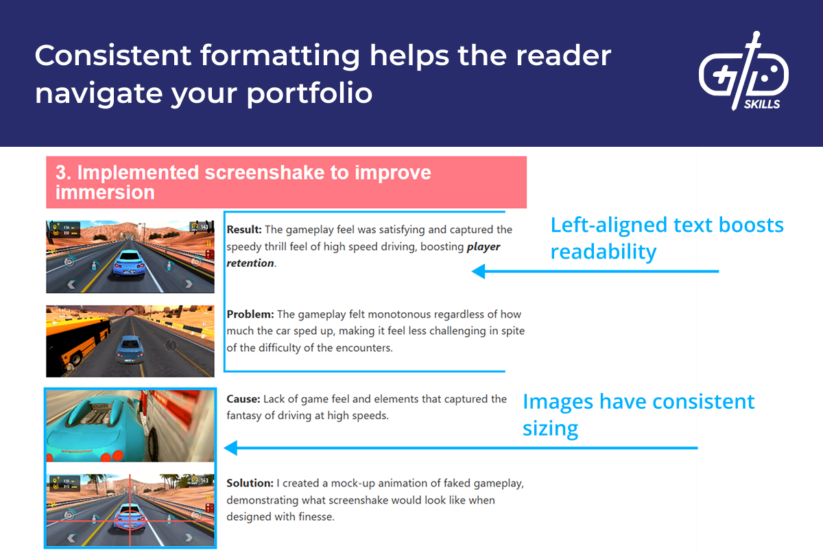Consistent formatting helps with portfolio navigation