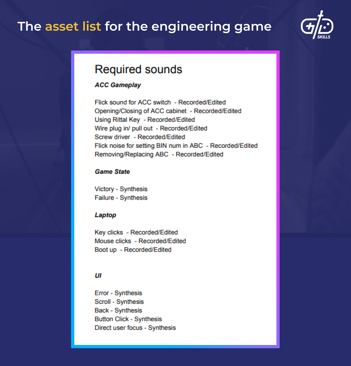 Engineering game asset list