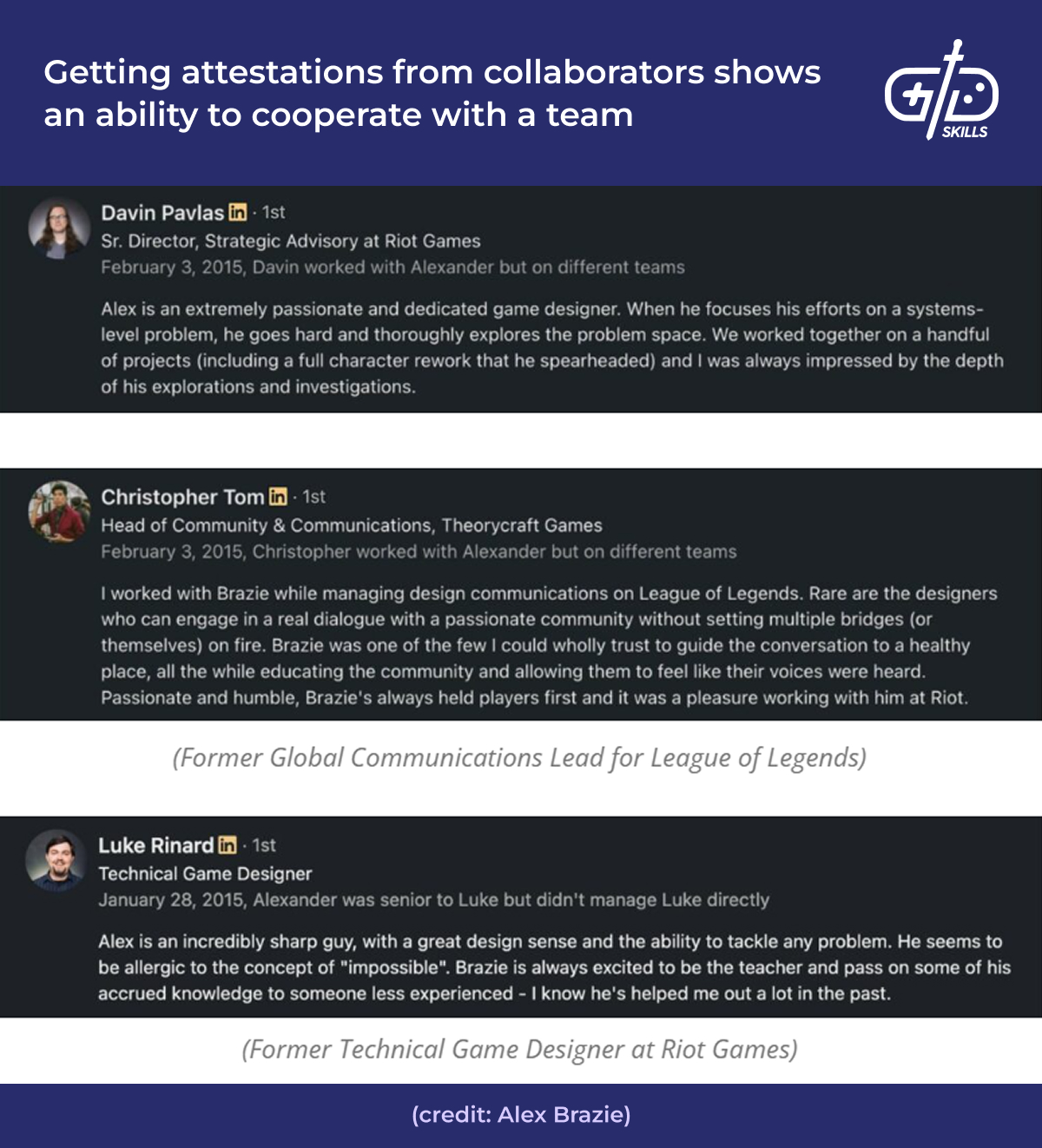 Getting attestations from collaborators shows an ability to cooperate with a team