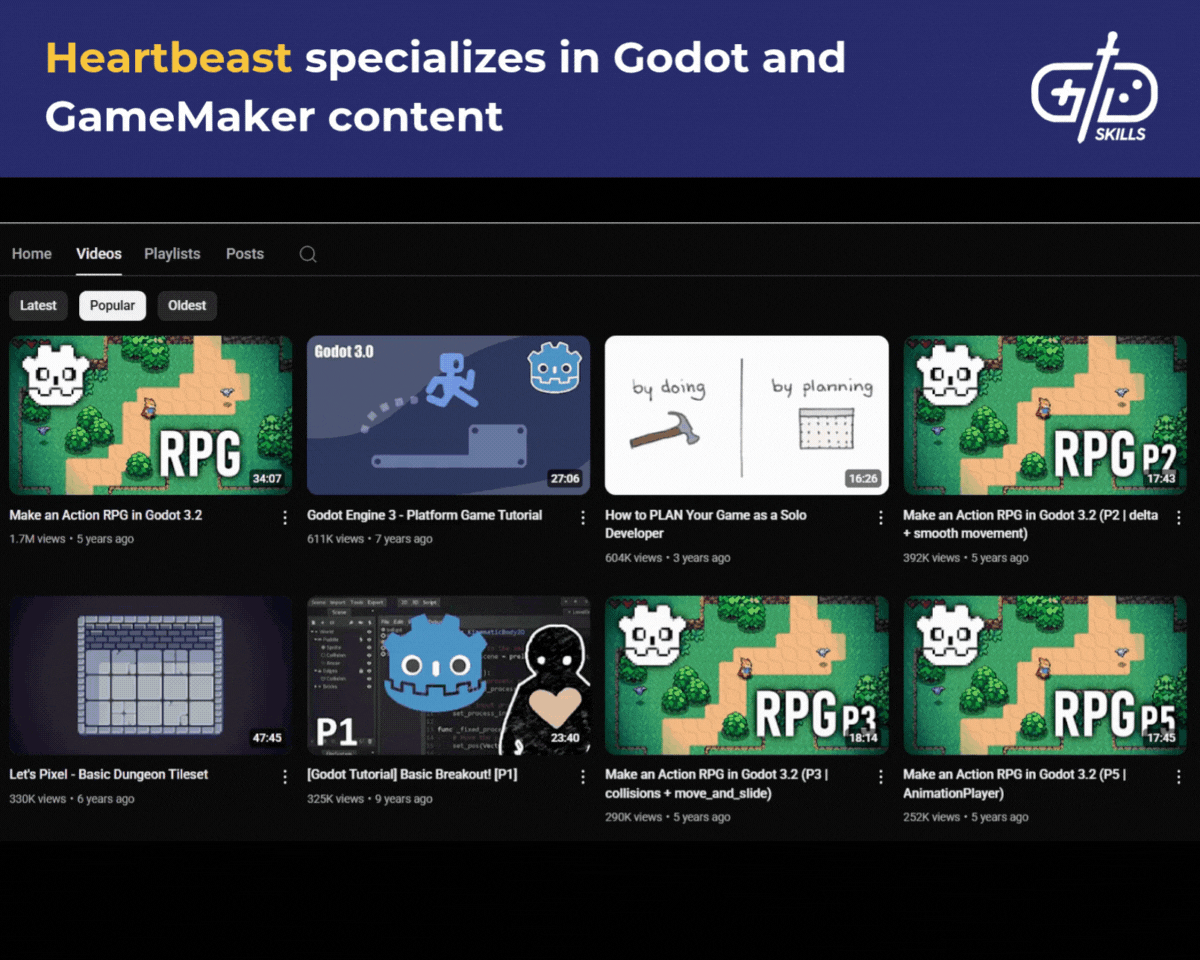 Godot and GameMaker content on Heartbeast YouTube channel