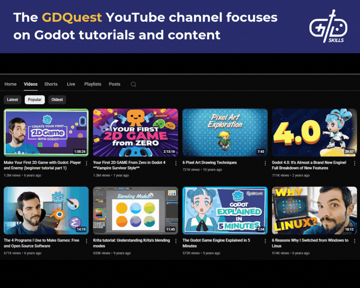 Godot tutorials and content on GDQuest YouTube channel