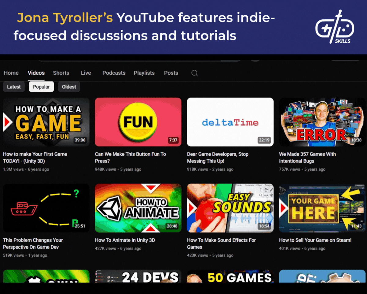 Indie-focused discussions and tutorials on Jona Tyroller's YouTube channel