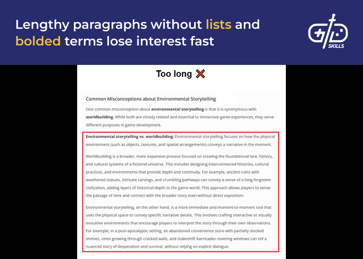 Lengthy paragraphs without lists and bolded terms lose interest