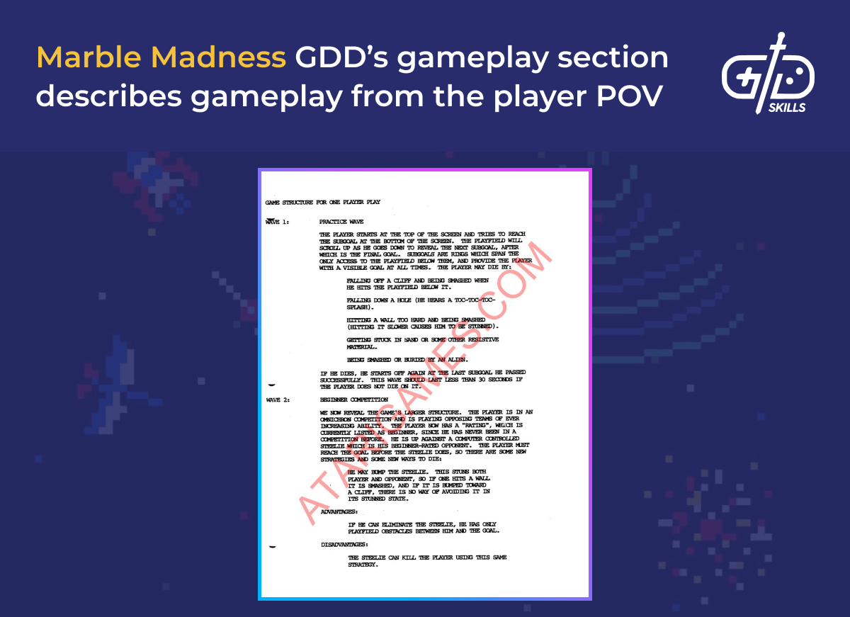 Marble Madness GDD’s gameplay section describes gameplay from the player POV