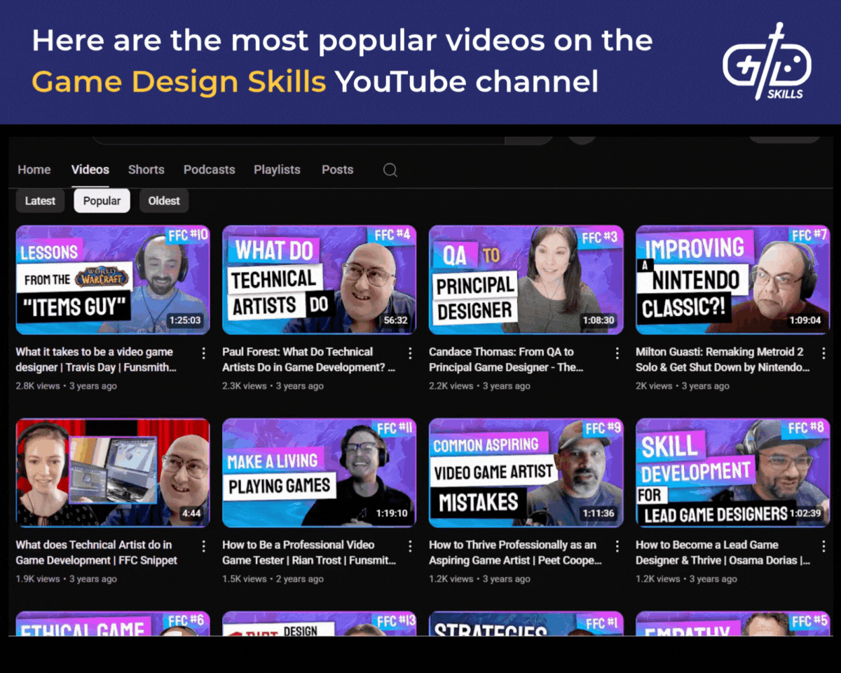 Most popular videos on Game Design Skills YouTube channel